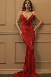 Sequined Spaghetti Strap V-Neck Sleeveless Mermaid Prom Dress Evening Gown