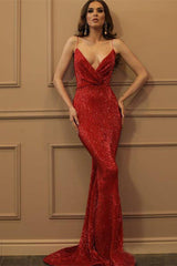 Sequined Spaghetti Strap V-Neck Sleeveless Mermaid Prom Dress Evening Gown