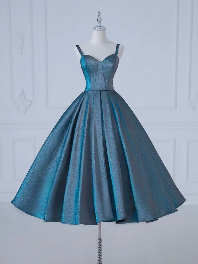 Elegant A-Line Sweetheart Satin Tea-Length Blue Prom Dress for Formal Occasions