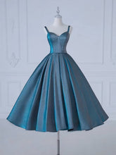 Elegant A-Line Sweetheart Satin Tea-Length Blue Prom Dress for Formal Occasions