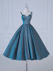 Elegant A-Line Sweetheart Satin Tea-Length Blue Prom Dress for Formal Occasions