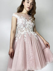 Elegant Pink Lace Prom Dress, Cap Sleeves, Round Neck, Short Formal Homecoming Gown