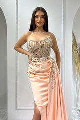 Charming Strapless Ruched Satin Mermaid Prom Dress with Side Split and Sweep Train