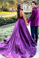 Elegant Purple V-Neck Spaghetti Strap Prom Dress with Slit for Women