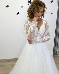 A-Line Sweetheart Long Sleeves Wedding Dress with Lace Appliques and Tulle
