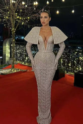 Silver Deep V-Neck Long Sleeves Mermaid Prom Dress with Sequins
