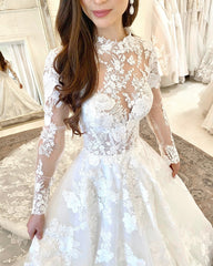 Elegant High-Neck A-Line Wedding Gown with Lace Sleeves and Open Back Design