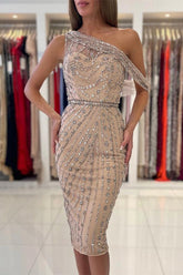 Luxurious One-Shoulder Knee-Length Crystal Prom Dress Party Cocktail Gown