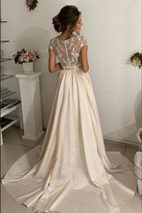 Elegant A-Line Jewel Neck Wedding Dress with Stretch Satin and Delicate Lace