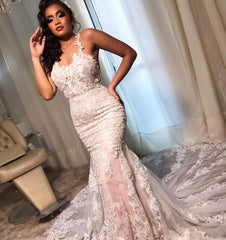 Elegant Mermaid Spaghetti Strap Lace Wedding Dress Open Back Formal Gown