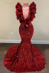 Shiny Sequins Burgundy Mermaid Prom Dress: Elegant V-Neck Sleeveless Floor-Length Gown