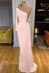 Enchanting Green One-Shoulder Mermaid Gown: Beaded Long Sleeve Prom Dress