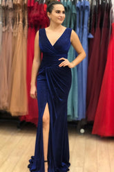 Vintage Blue V-Neck Long Mermaid Prom Dress with Thigh High Split