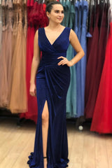 Vintage Blue V-Neck Long Mermaid Prom Dress with Thigh High Split