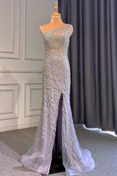 Light Purple One-Shoulder Mermaid Prom Dress with Beaded Details and Ruffles