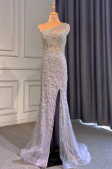 Light Purple One-Shoulder Mermaid Prom Dress with Beaded Details and Ruffles