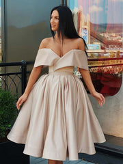 Champagne Off-Shoulder Short Homecoming Dress: Formal Graduation Evening Cocktail Gown