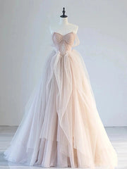 Champagne Pink A-Line Off Shoulder Tulle Lace Long Prom Dress