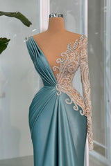 Elegant One-Shoulder Deep V-Neck Appliques Lace Satin Prom Dress for Women