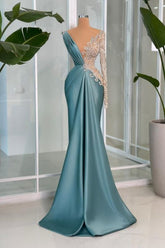 Elegant One-Shoulder Deep V-Neck Appliques Lace Satin Prom Dress for Women