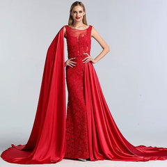 Charming Red Lace Printed A-Line Long Prom Dress with Elegant Trail