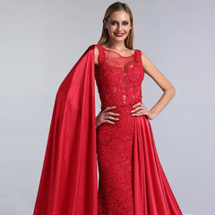Charming Red Lace Printed A-Line Long Prom Dress with Elegant Trail