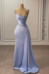 Charming Ruched Satin Mermaid Prom Dress Long with Train, Elegant Formal Gown