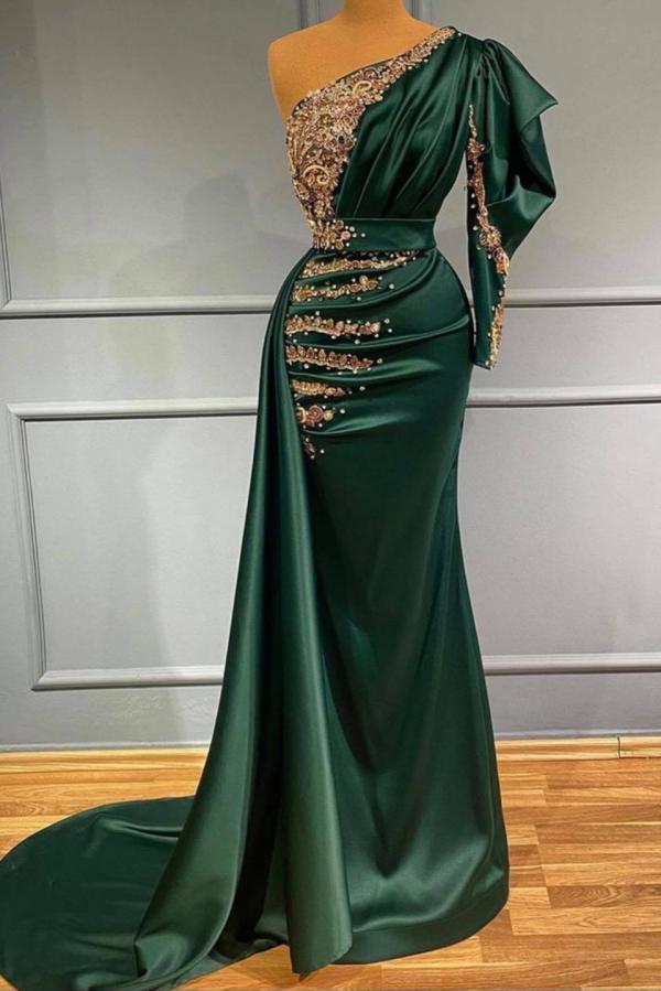 Elegant Dark Green One-Shoulder Mermaid Prom Dress with Gold Embellishments