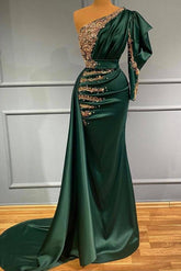 Elegant Dark Green One-Shoulder Mermaid Prom Dress with Gold Embellishments