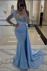 Charming Sequin Satin Mermaid Prom Dress with Long Sleeves and Train