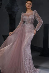 Charming Sweetheart Long Sleeves Beaded Sheath Long Prom Dress for Women