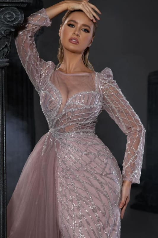 Charming Sweetheart Long Sleeves Beaded Sheath Long Prom Dress for Women
