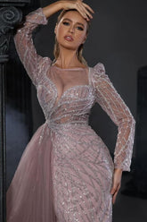 Charming Sweetheart Long Sleeves Beaded Sheath Long Prom Dress for Women