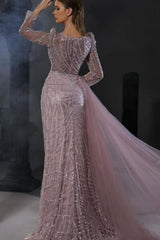 Charming Sweetheart Long Sleeves Beaded Sheath Long Prom Dress for Women
