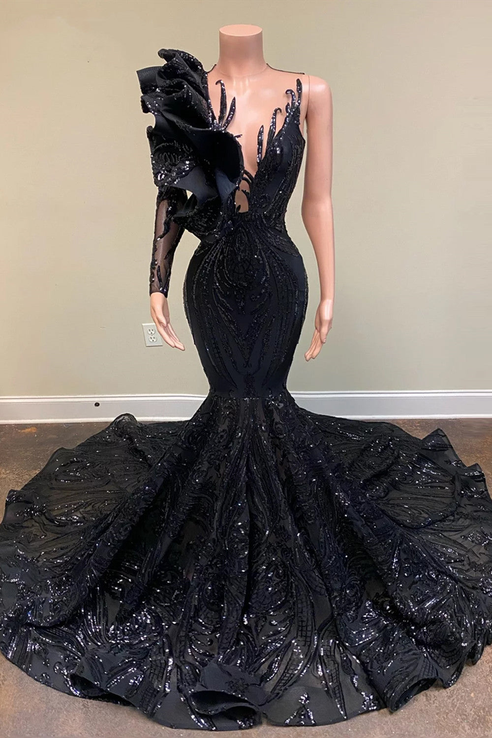 Black Asymmetric One-Shoulder Sequin Mermaid Long Formal Prom Dress