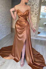 Chocolate Delight Sleeveless Mermaid Prom Dress with Ruffle Split Sweetheart Neckline