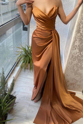 Chocolate Delight Sleeveless Mermaid Prom Dress with Ruffle Split Sweetheart Neckline