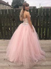 Sweetheart Backless Pink Tulle Beaded A-Line Prom Gown