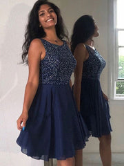 Cute A-Line Beaded Navy Blue Short Prom Homecoming Graduation Dress