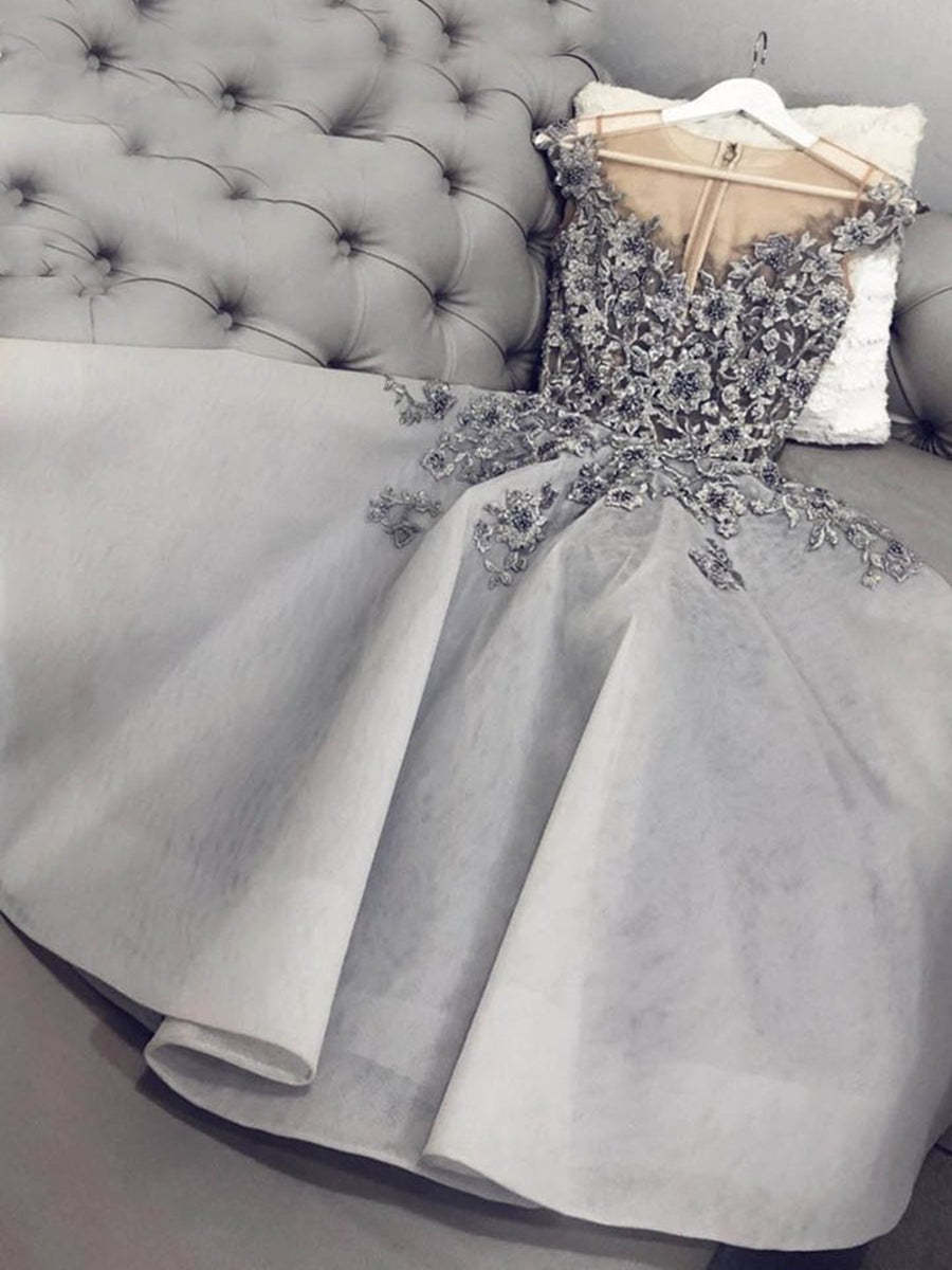 Elegant Gray Floral Lace A-Line Round Neck Short Prom Homecoming Dress