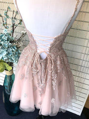 Elegant A-Line V-Neck Pink Lace Prom Dress: Backless, Formal, Graduation, Homecoming