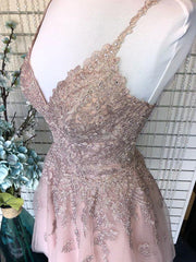Elegant A-Line V-Neck Pink Lace Prom Dress: Backless, Formal, Graduation, Homecoming