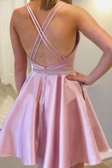 Chic Backless Pink Satin Short Prom Dress with Pockets for Graduation Homecoming