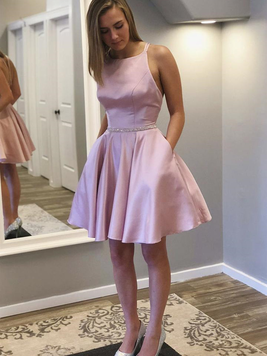 Chic Backless Pink Satin Short Prom Dress with Pockets for Graduation Homecoming