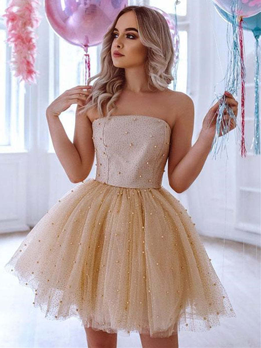 Elegant Beaded Champagne Tulle Short Prom Dress for Graduation Homecoming Parties