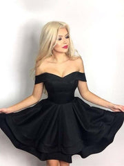 Cute Black Off-Shoulder Layered Satin Short Prom Homecoming Formal Dress