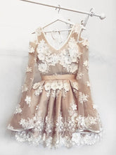 Elegant Champagne Floral Prom Dress with Long Sleeves for Homecoming & Graduation