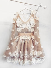 Elegant Champagne Floral Prom Dress with Long Sleeves for Homecoming & Graduation