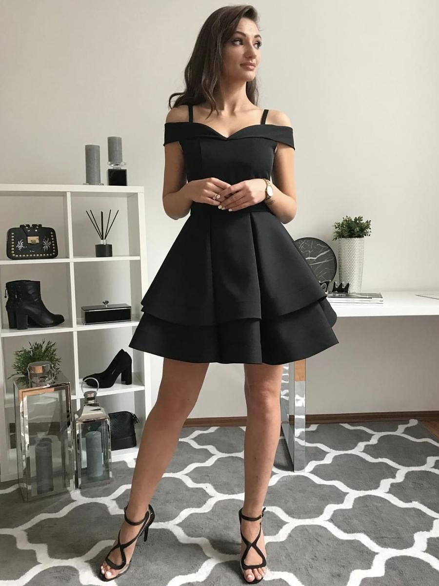 Off Shoulder Layered Black Short Prom Dress Homecoming Graduation Evening