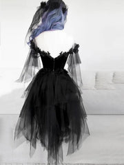 Elegant Off-Shoulder Black Lace Prom Dress with Fluffy Skirt for Homecoming